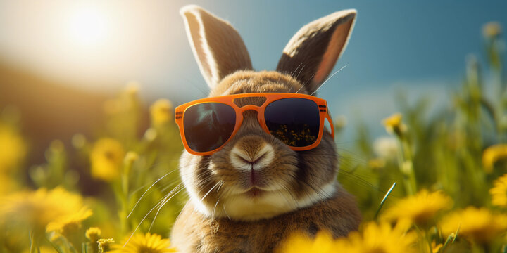 Funny bunny in field. Stylish rabbit leisure time with copy space.  Animal on holidays.