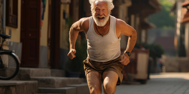 Senior man running in urban city. Smiling pensioner enjoying life. Funny old guy.
