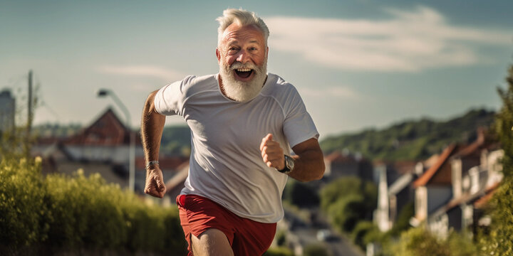 Excited elderly man doing jogging in town. Active pensioner senior citizen running hobby. Amazing lifestyle of 70 year old ageing in retirement.
