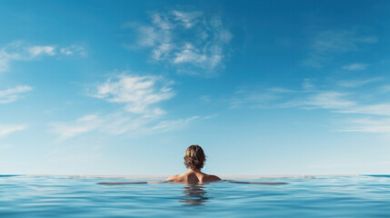 Man At Luxury Resort On Romantic Summer Vacation. People Relaxing Edge Swimming Pool Water, Enjoying Beautiful Sea View.