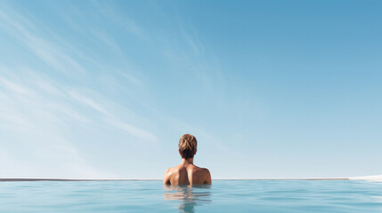 Man At Luxury Resort On Romantic Summer Vacation. People Relaxing Edge Swimming Pool Water, Enjoying Beautiful Sea View.
