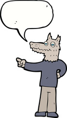 cartoon pointing wolf man with speech bubble