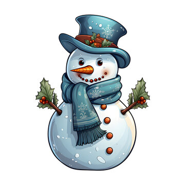 recommend clip art: Snowman Wearing Green Cap and Muffler on Transparent Background, Ai Generated
