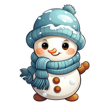 recommend clip art: Cute Snowman Baby Wearing Green Cap and Muffler on Transparent Background, Ai Generated