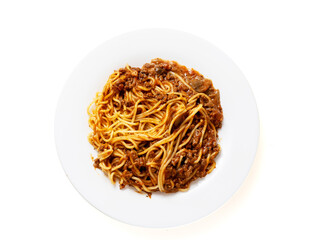 Portion of high quality spaghetti Bolognese on white plate and white background. Premium quality dish made with fine products.