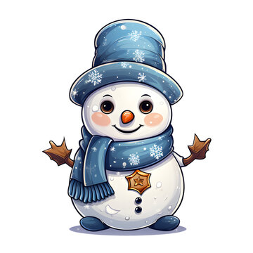 recommend clip art: Cute Snowman Wearing Blue Cap and Muffler on Transparent Background, Ai Generated