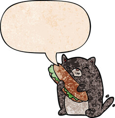 cartoon cat loving the amazing sandwich he's just made for lunch with speech bubble in retro texture style