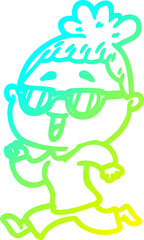 cold gradient line drawing of a cartoon happy woman wearing spectacles