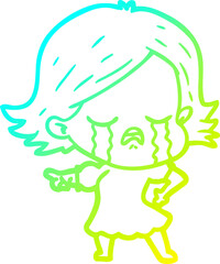 cold gradient line drawing of a cartoon girl crying and pointing