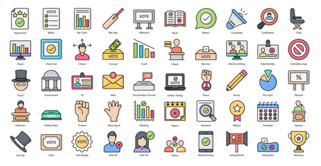 Fototapeta premium Elections Colored Line Icons Political Voting Politics Iconset in Filled Outline Style 50 Vector Icons, Editable Stokes