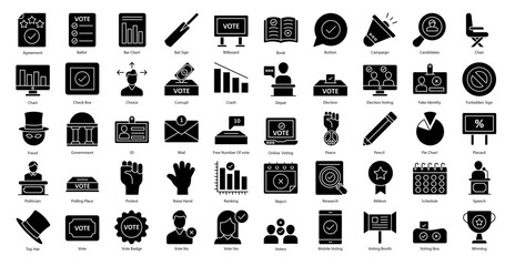 Elections Glyph Icons Political Voting Politics Icon Set 50 Vector Icons in Black, Editable Stokes