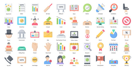 Elections Flat Icons Political Voting Politics Icon Set 50 Vector Icons, Editable Stokes