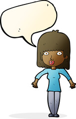 cartoon woman shrugging with speech bubble