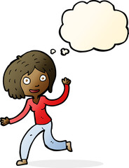 cartoon happy waving girl with thought bubble