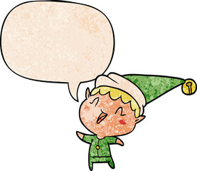 cartoon happy christmas elf with speech bubble in retro texture style