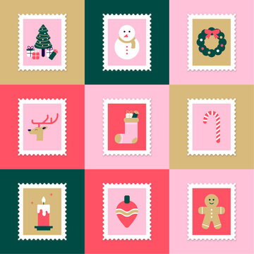 Illustration de No&euml;l. Mod&egrave;le d'&eacute;l&eacute;ments et d'ic&ocirc;nes vectoriels de la f&ecirc;te de no&euml;l, carte de v&oelig;ux, timbre, postal, sapin, bonhomme de neige, chaussette, sucre d'orge, bougie, boule, pain d'&eacute;pice