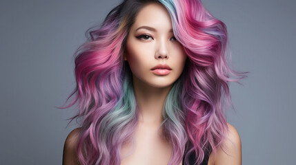 asian woman with wild wavy colorful pink and blue hair
