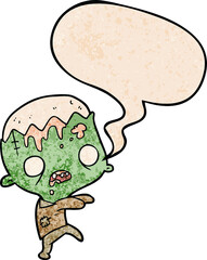 cute cartoon zombie with speech bubble in retro texture style