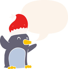 cute cartoon christmas penguin with speech bubble in retro style