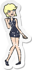 retro distressed sticker of a cartoon woman in cocktail dress