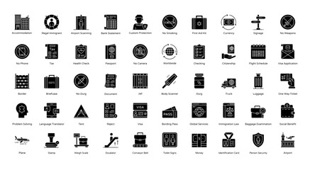 Immigration Glyph Icons Citizenship Migration Visa Iconset 50 Vector Icons in Black, Editable Stokes