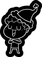 laughing quirky cartoon icon of a man wearing santa hat