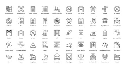 Immigration Outline Icons Citizenship Migration Visa Iconset 50 Vector Icons in Black, Editable Stokes