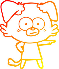 warm gradient line drawing of a nervous cartoon dog in dress pointing