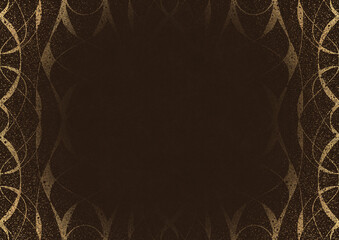 Dark brown textured paper with vignette of golden hand-drawn pattern with golden glittery splatter. Copy space. Digital artwork, A4. (pattern: p10-3b)