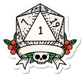 sticker of a natural one d20 dice roll