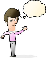 cartoon bored man waving with thought bubble