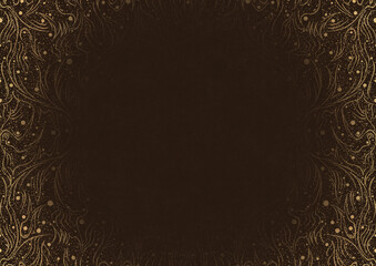 Dark brown textured paper with vignette of golden hand-drawn pattern with golden glittery splatter. Copy space. Digital artwork, A4. (pattern: p11-2a)