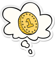 cartoon coin with thought bubble as a printed sticker