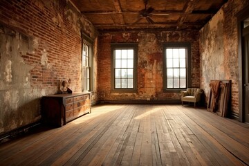 Fototapeta na wymiar A rustic room with distressed brick wall and hardwood floor. Generative AI