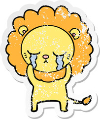 distressed sticker of a crying cartoon lion