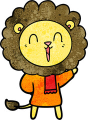 laughing lion cartoon in winter clothes