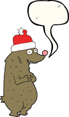 freehand drawn speech bubble cartoon bear wearing christmas hat