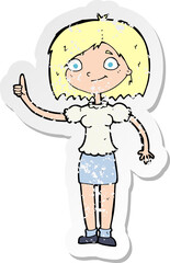 retro distressed sticker of a cartoon woman with idea