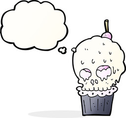 cartoon spooky skull cupcake with thought bubble
