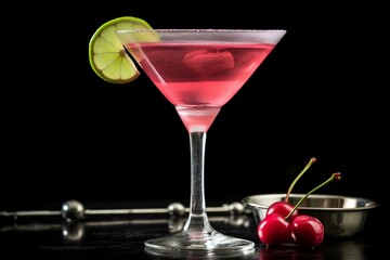 Enjoy a delicate pink cosmopolitan blended with vodka, triple sec, lime, and cranberry juices, all expertly shaken into a martini cocktail. Generative AI