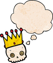 cartoon skull with crown with thought bubble in grunge texture style