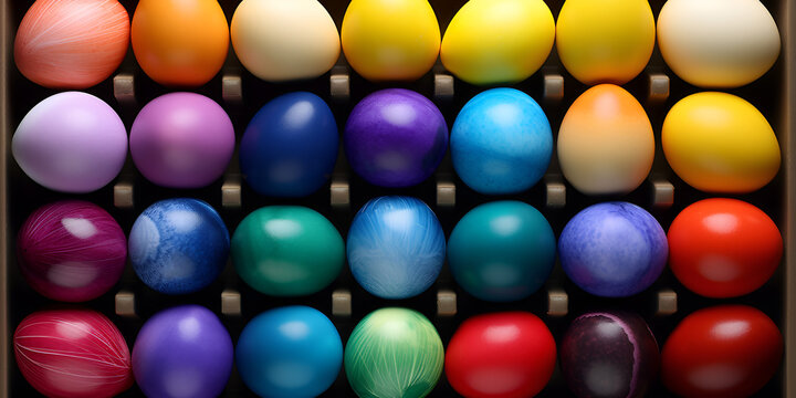 Easter eggs in rainbow colors sorted by color in egg box stock photo Generative Ai