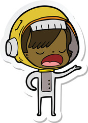 sticker of a cartoon astronaut woman explaining