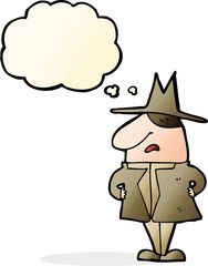 cartoon man in coat and hat with thought bubble