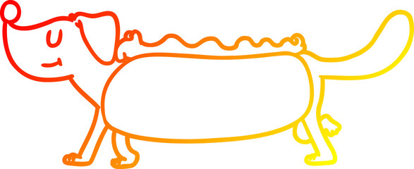 warm gradient line drawing of a cartoon hotdog - obrazy, fototapety, plakaty