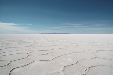 Fototapeta na wymiar the desolate emptiness of a salt flat, stretching towards a blurry horizon where it connects with the ocean. Generative AI