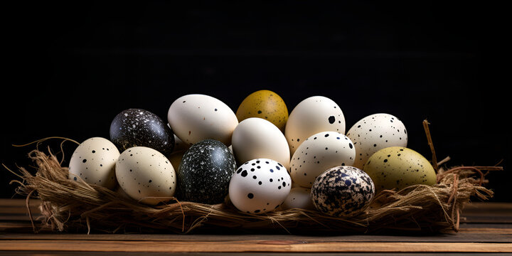 Eggs in ground pheasant nest stock photo ,,.,.,,,Set of different types birds eggs from chicken Generative Ai