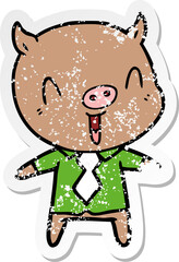 distressed sticker of a happy cartoon pig wearing shirt and tie