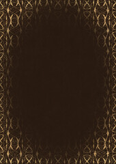Dark brown textured paper with vignette of golden hand-drawn pattern with golden glittery splatter. Copy space. Digital artwork, A4. (pattern: p10-3f)
