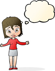 cartoon woman shrugging shoulders with thought bubble